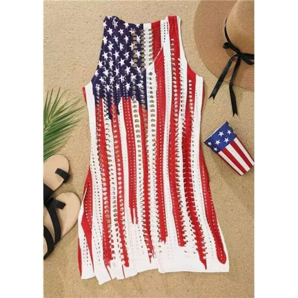 American Flag Dress  Slit Crochet Sleeveless Tank Dress  Swimwear Dresses - Picture 3 of 4